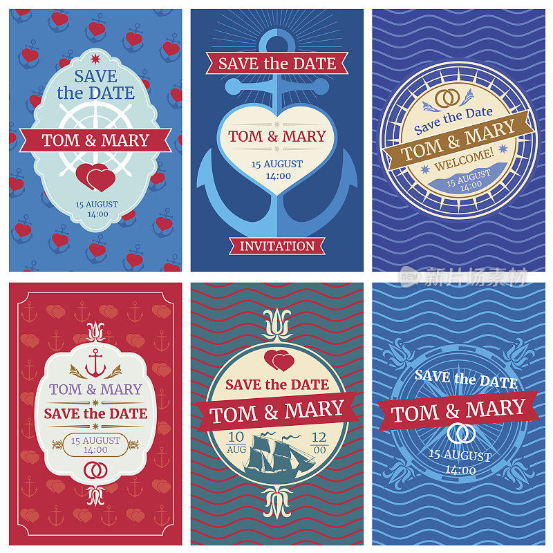 Wedding invitation vector cards with nautical design. Anchors and waves, hearts and ships